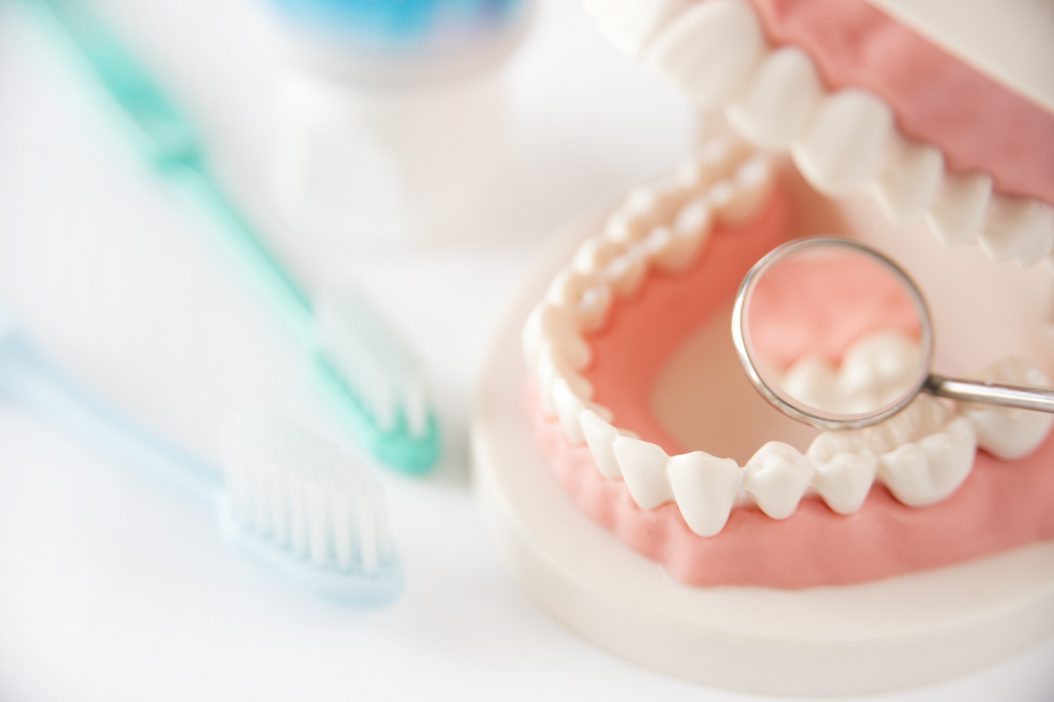 Uma imitação idêntica de um tipo de prótese dentária, é bem semelhante a arca dentária natural dos humanos. É uma imagem bem clara, e está na mesa de um cururgião-dentista.